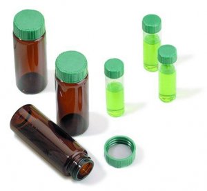 Vials, screw top with solid green Thermoset cap with PTFE liner, preassembled, pkg of 100 27002-U