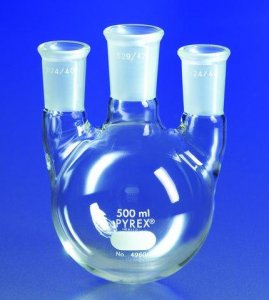 Pyrex� round-bottom three neck vertical unequal height flask 