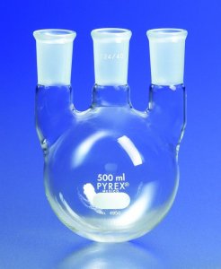Pyrex� round-bottom vertical three neck distilling flask, with 24/40 joints 