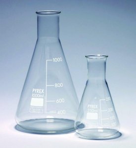 Pyrex� Erlenmeyer flask, narrow neck, with printed trace code SLW1130/16D-10EA